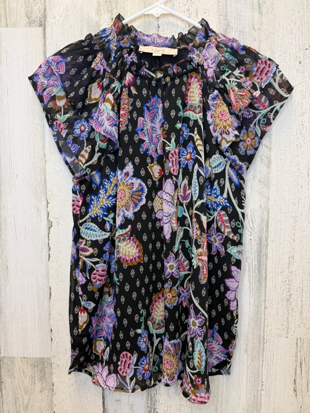 LOFT Black Floral Ruffle Neck Cap-Sleeve Blouse